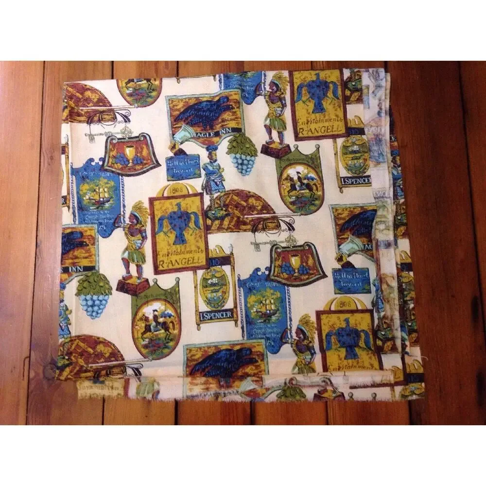 Vintage 70s Retro Faux Colonial Old Fashioned Tavern Signs Printed Fabric 5 yds